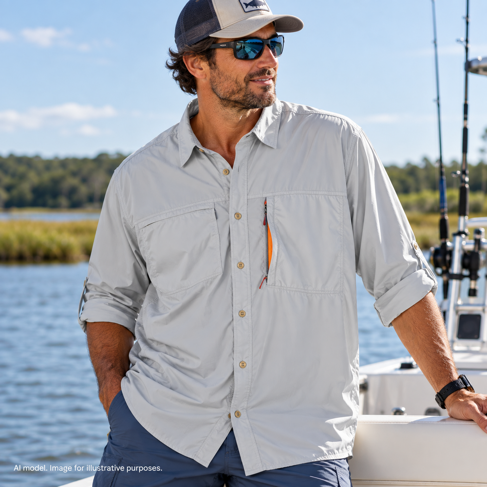 Orvis Shirt Mens XL Gray Trout Bum Nylon Vented Pockets Lux Boat Fishing Hiking